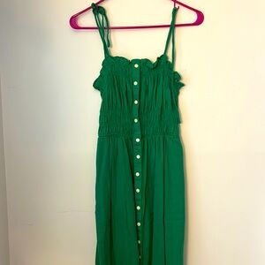 Linen Blent Tie Straps Green Dress Size XS with Stretch, Pockets Button Front